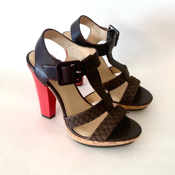 Calvin Klein Bea Platform Stiletto Heel Sandal Brow Red Leather T-Strap Pump 7.5 - Picture 5 of 16